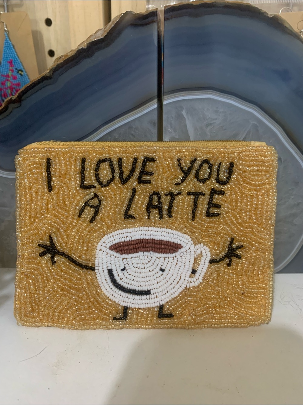 Beaded 'I Love You a Latte' coin Pouch - Mustard